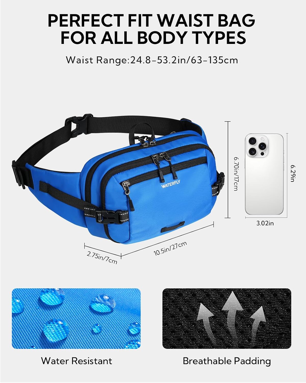 Detalle de Waterfly 3L Large Bum Bag with RFID Blocking: a practical, versatile waist pack for travel and everyday adventures