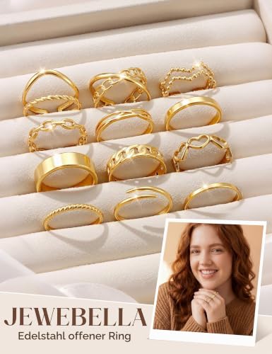 Detalle de JeweBella 12 Stück Gold-Wasserfestes Edelstahlringen-Set – Verstellbar, Vielseitig & Stilvoll