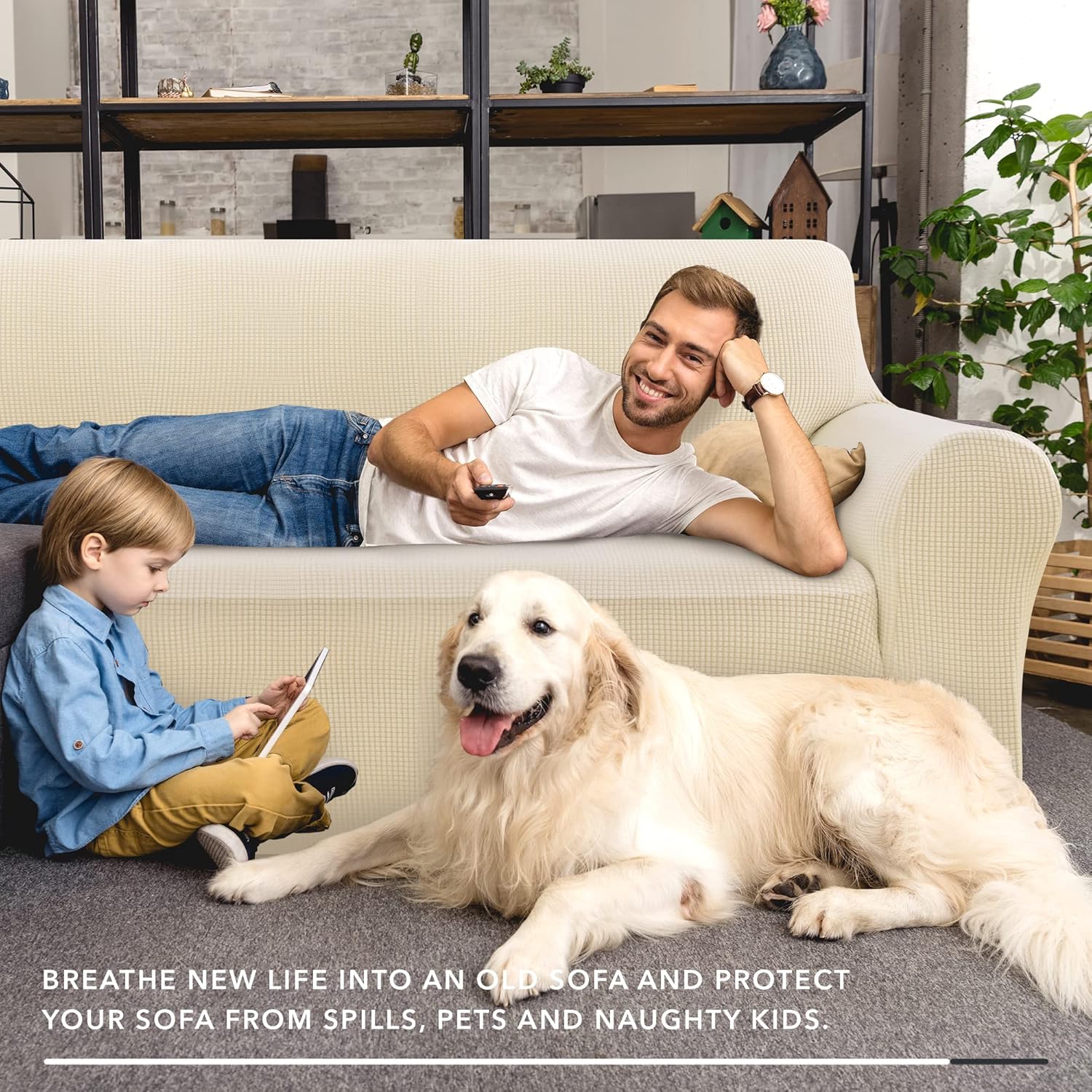 Thumbnail 2 de Deconovo housse de canapé jacquard extensible 3 places avec accoudoirs (beige) – 1 pièce