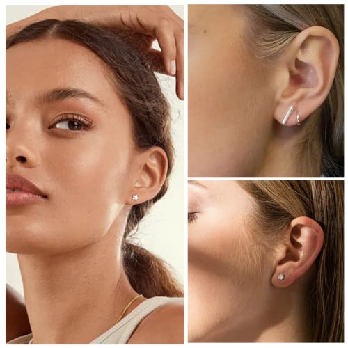 Detalle de PABBEU 6 Pairs Sterling Silver Stud Earrings – Star, Moon, Ball and Heart Designs