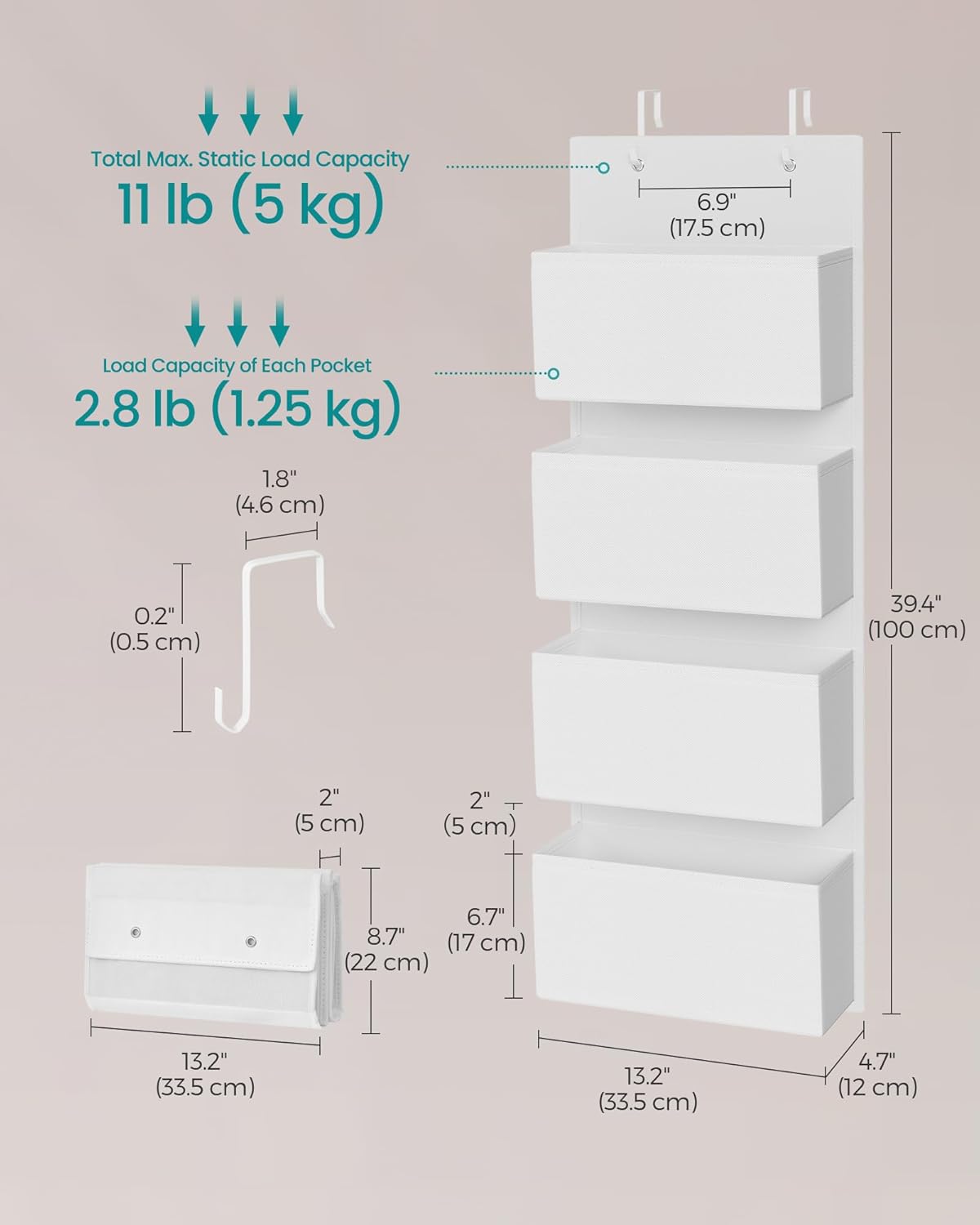 Thumbnail 1 de SONGMICS Over Door Storage Organiser RDH004W01 (Cloud White) with 4 pockets