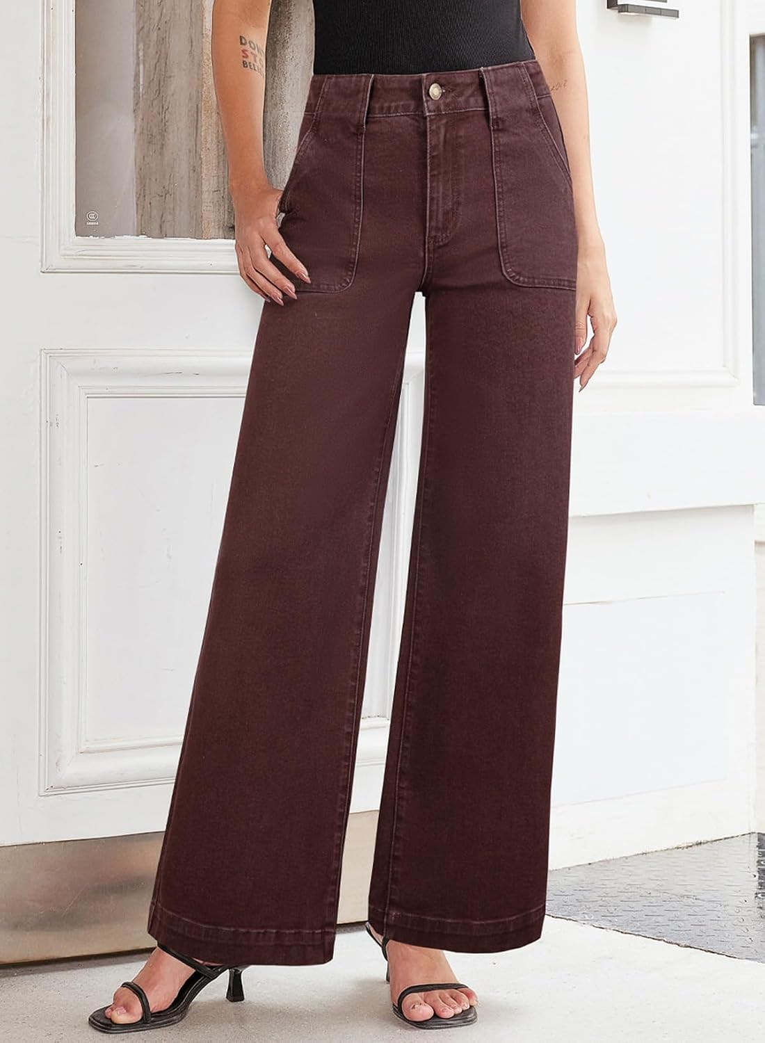 Detalle 1 de Sidefeel Women's Wide Leg Jeans, High-Rise Stretch Denim with Front Pockets