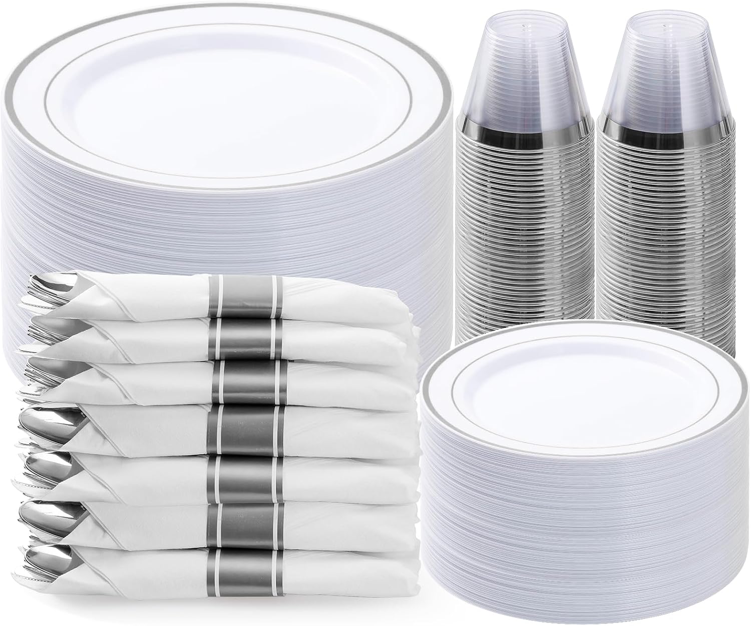 Detalle de BESTVIP YS-350 350-Piece Silver Plastic Dinnerware Set for 50 Guests