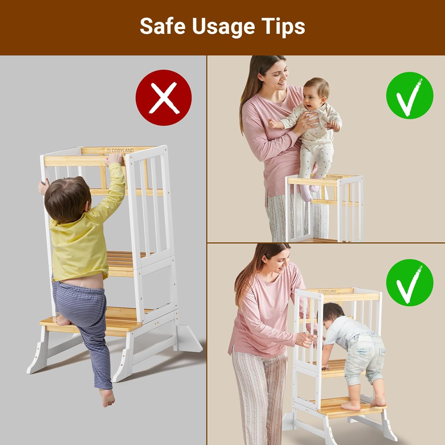 Detalle de COSYLAND Height-Adjustable Toddler Standing Tower: Stable, Lightweight Kitchen Stool for Growing Kids