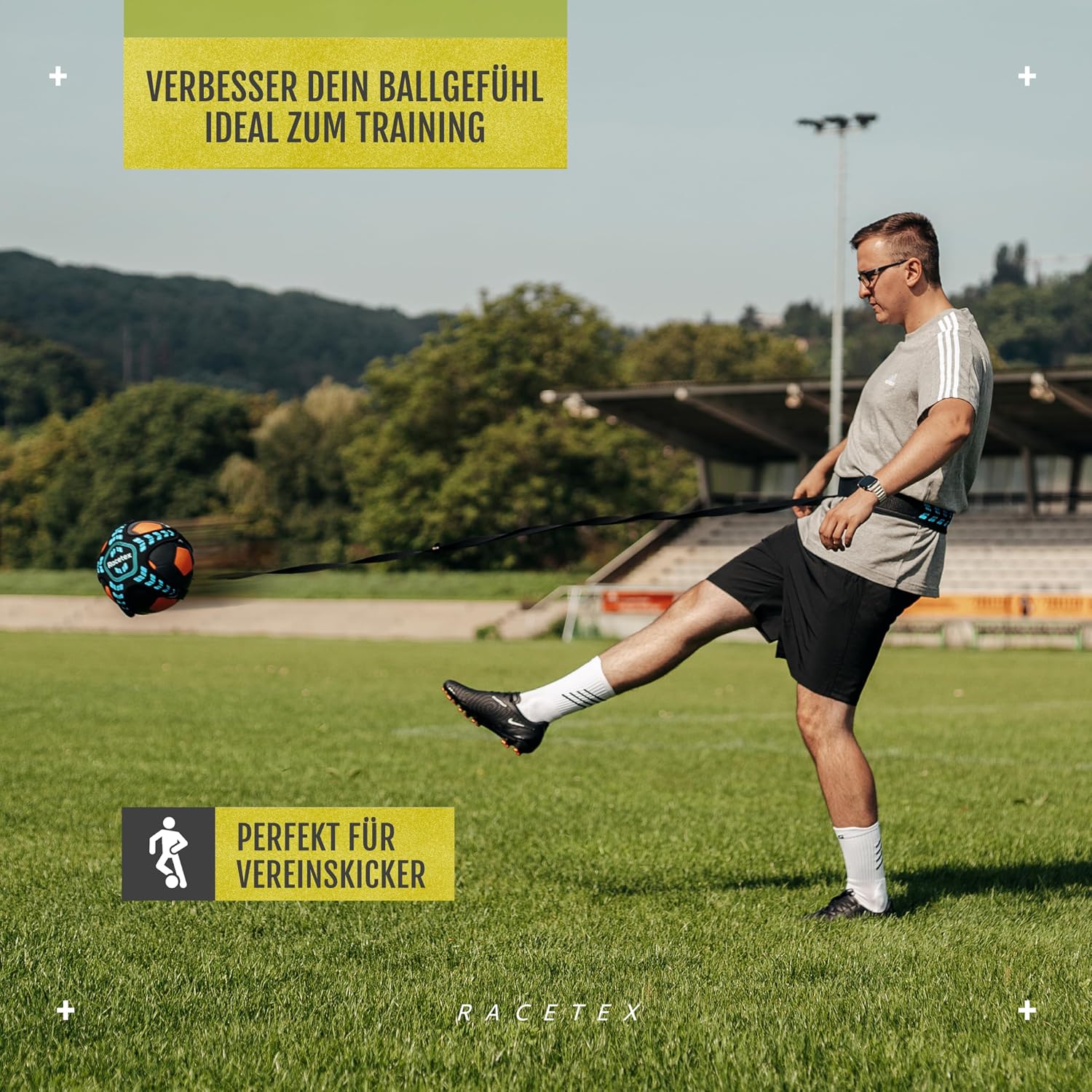 Detalle 2 de Racetex Fußballtrainer mit Schnur – einstellbare Länge für Trainingsgürtel, Ballkontrolle & Schusstechnik