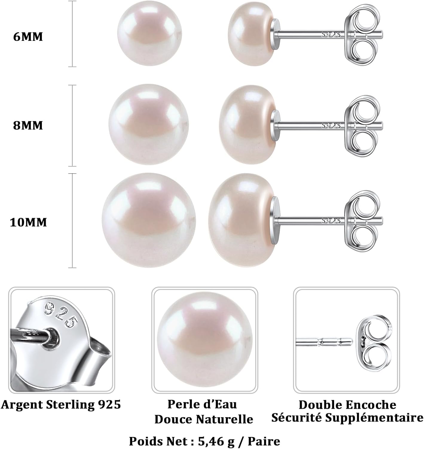 Thumbnail 5 de ChicSilver boucles d’oreilles perle de culture d’eau douce anti-allergique en argent 925 (lots de 3 paires, clous 6/8/10 mm)