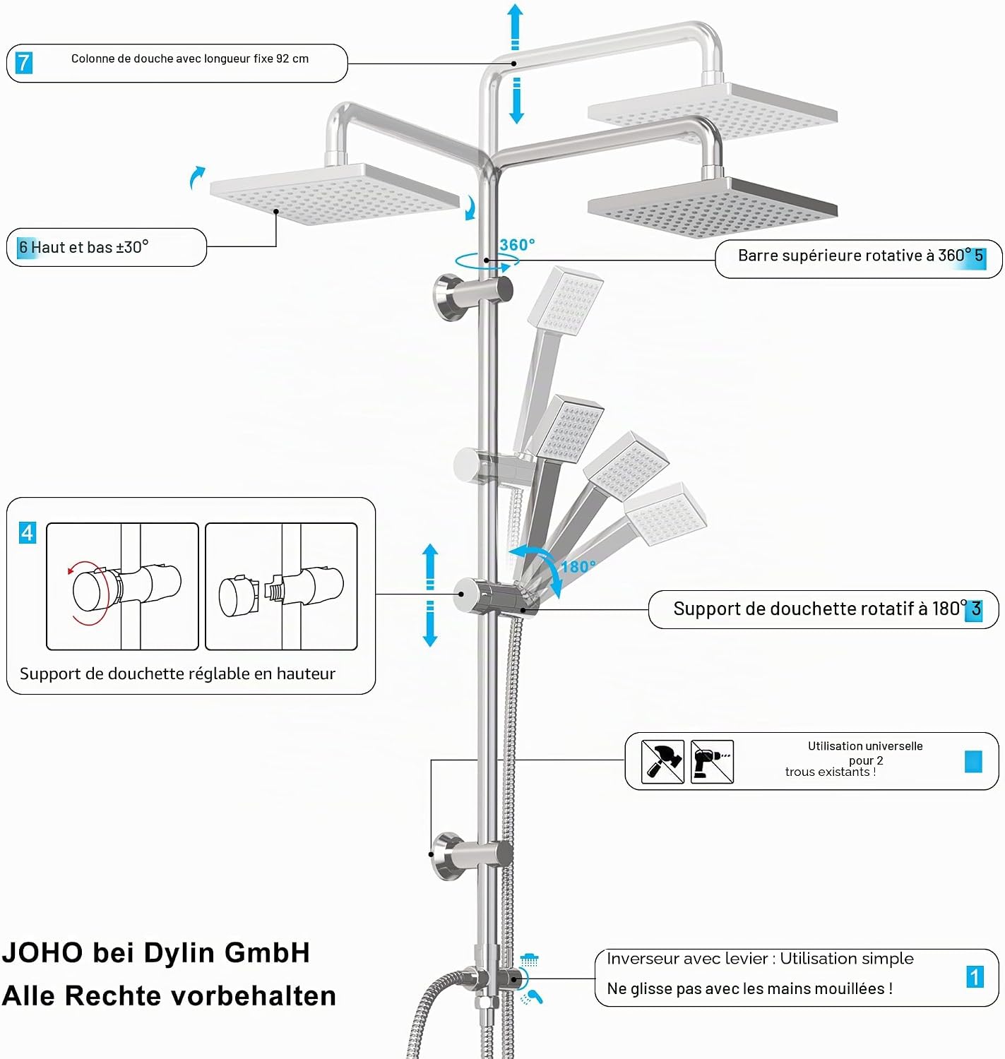 Detalle de Colonne de Douche JOHO en Acier Inoxydable avec Douchette et Pommeau ABS Chromé – Hauteur Réglable