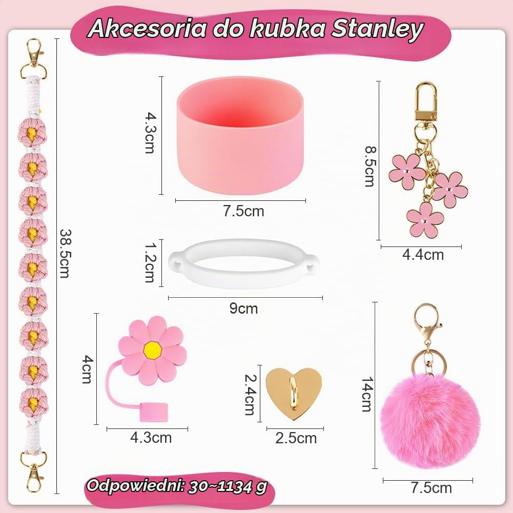 Detalle de AUAUY zestaw 7 akcesoriów do kubka Stanley: silikonowa osłona, pasek boho i dodatki