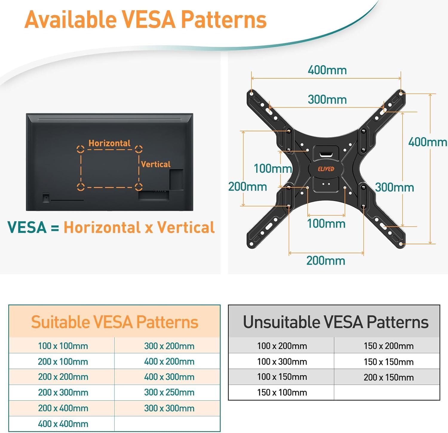 Thumbnail 4 de ELIVED EV3018 supporto TV a parete angolare con braccio lungo estensibile fino a 950 mm, VESA 400x400 mm e inclinazione regolabile