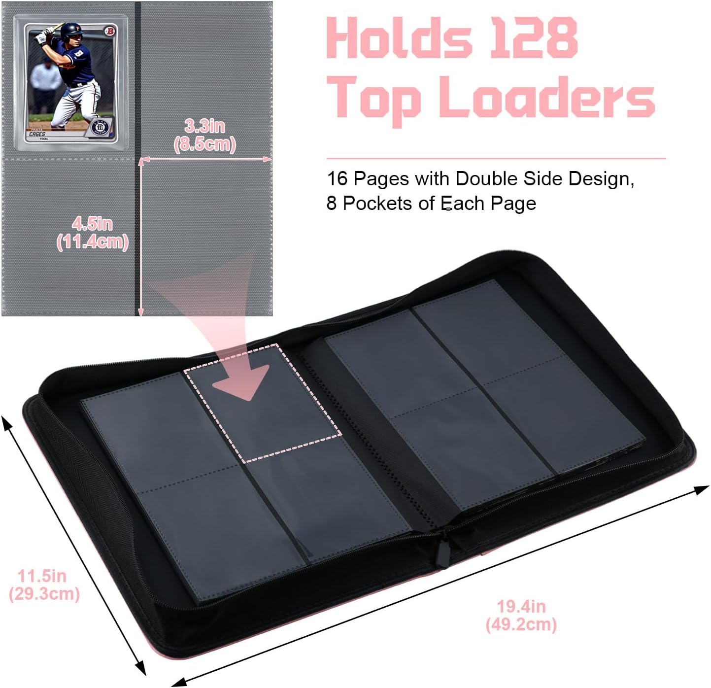 Detalle de WITHYU Toploader Binder Holds 128 Top Loaders – 4-Pocket Ringless Card Binder in Pink
