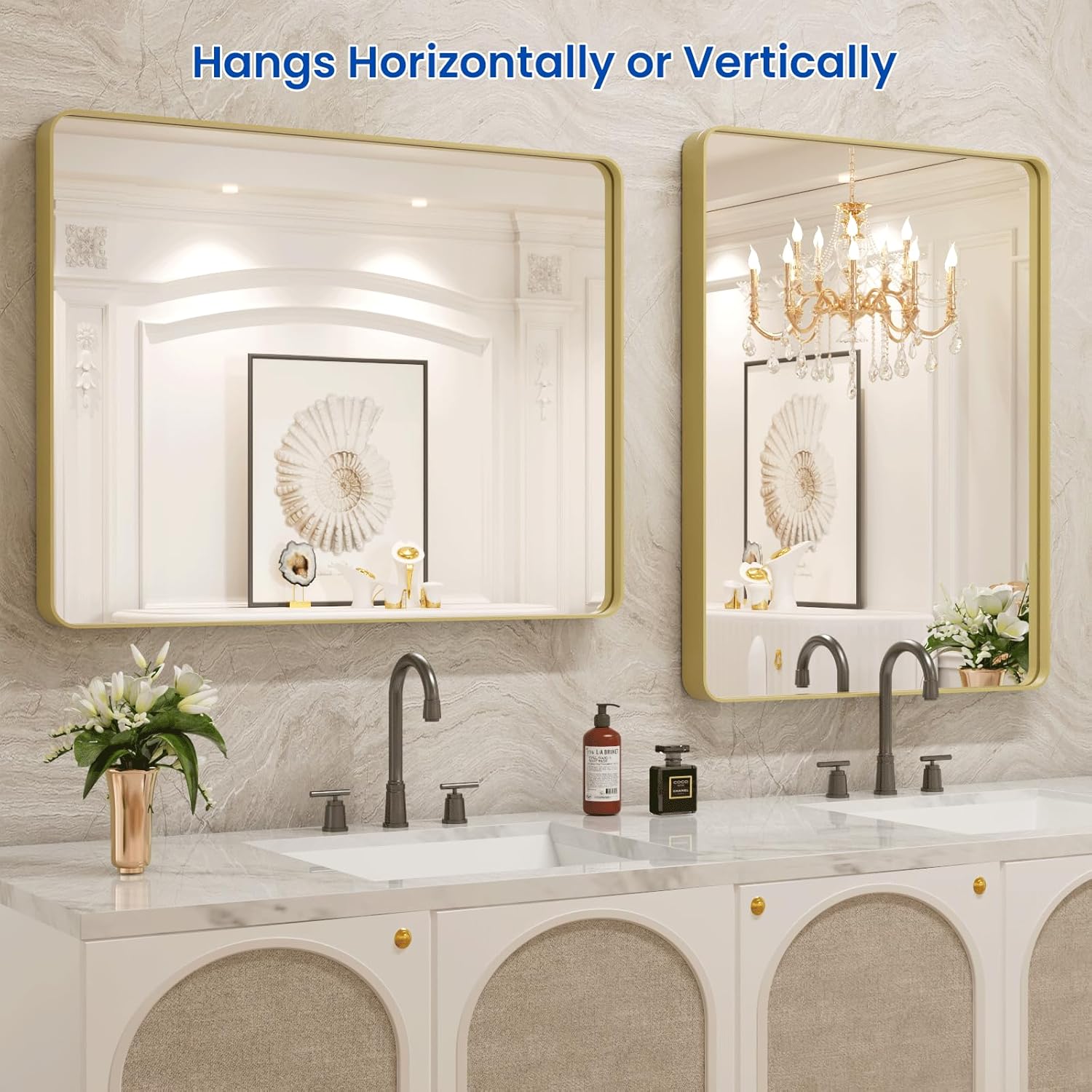 Detalle de WEER Gold Bathroom Mirror, 24x36 Inch Brushed Gold Frame with Rounded Corners