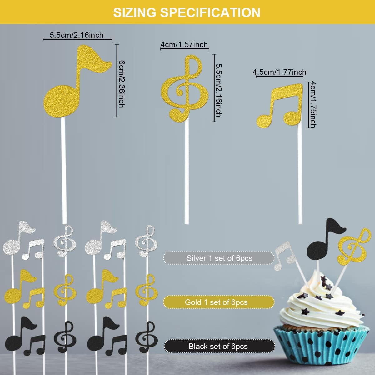 Thumbnail 1 de DOERDO DD Music Cupcake Toppers, 18-Piece Set in Three Colors