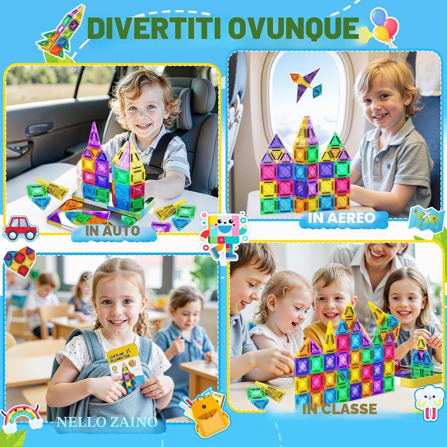 Detalle de iKidiki Regalo bambini: 43 pezzi magnetici per costruzioni 3–6 anni, scatola metallica per viaggio