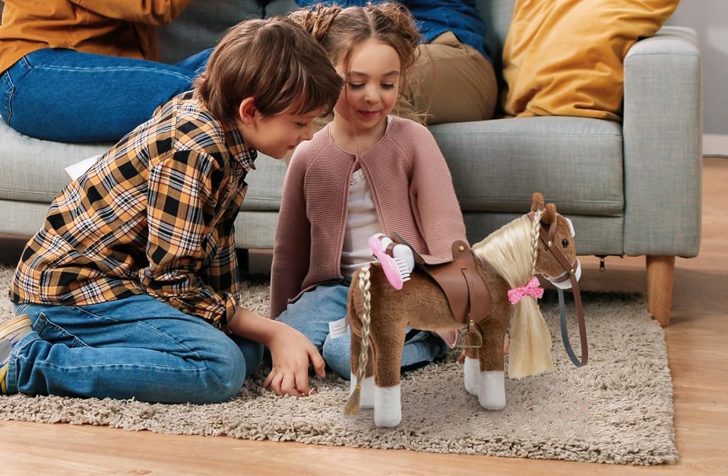 Detalle de BEJOY cheval en peluche avec selle et accessoires – 28 cm, marron