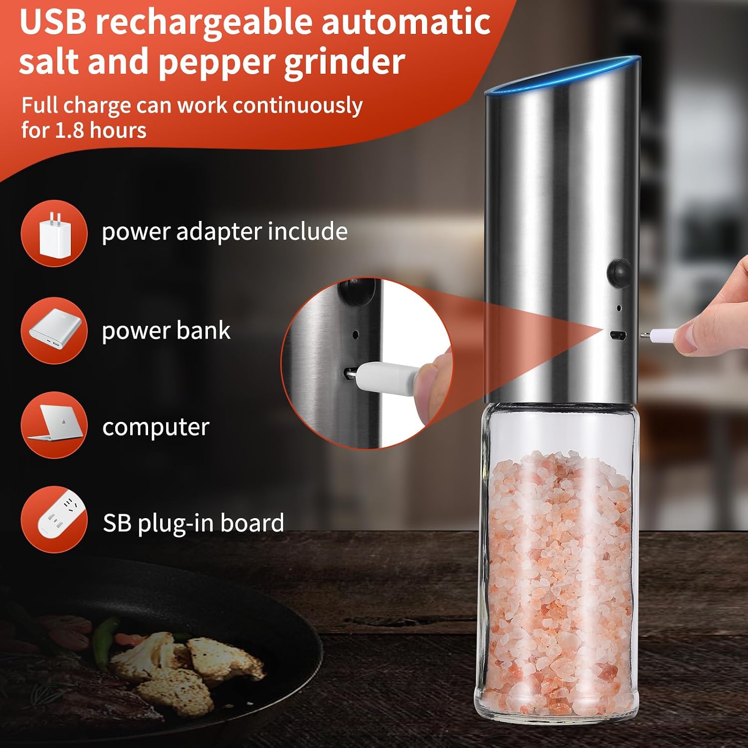 Detalle 2 de SaengQ Electric Salt and Pepper Grinder Set with Glass Containers