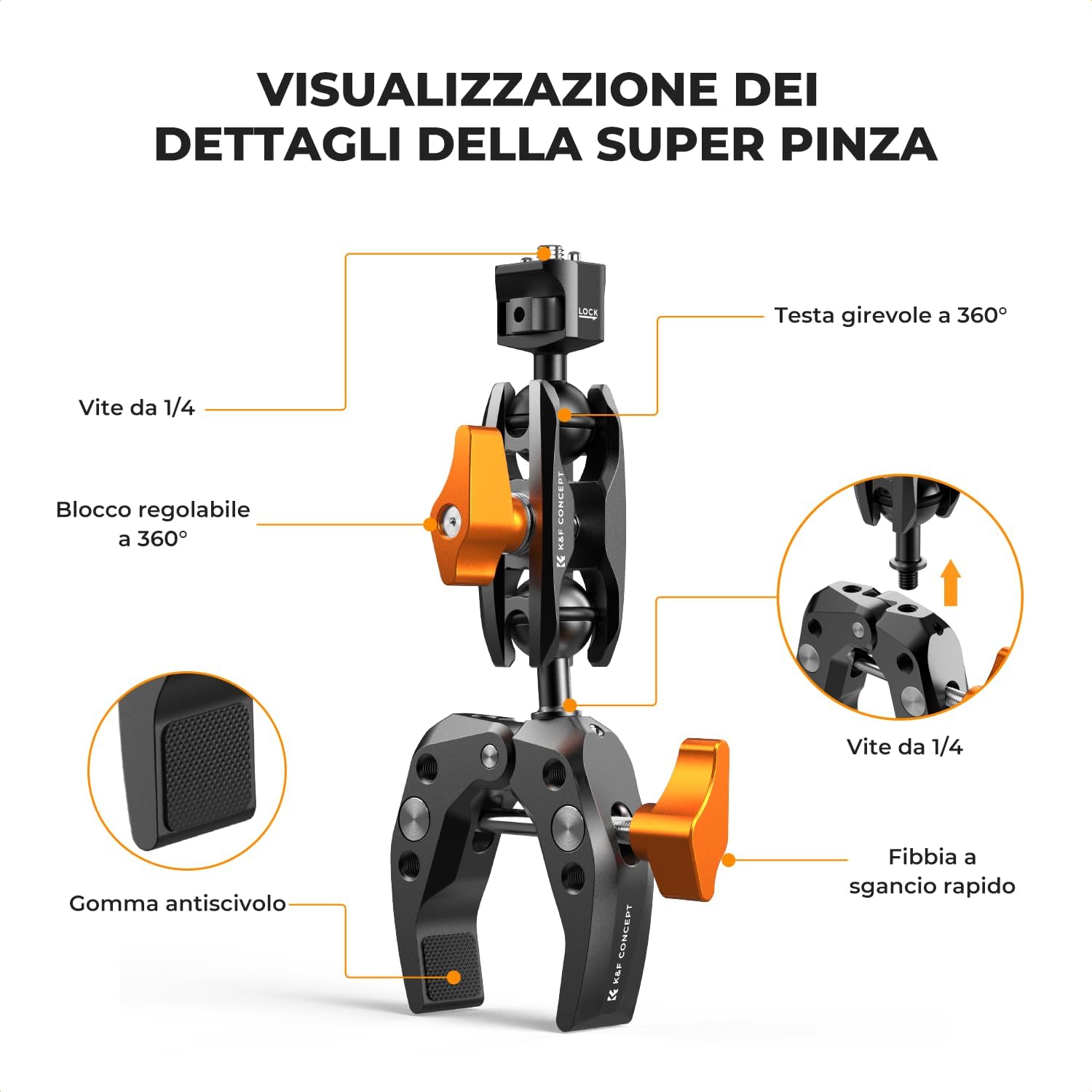 Detalle de K&F CONCEPT MS13 Braccio Magico con Super Clamp e snodo a sfera 360°