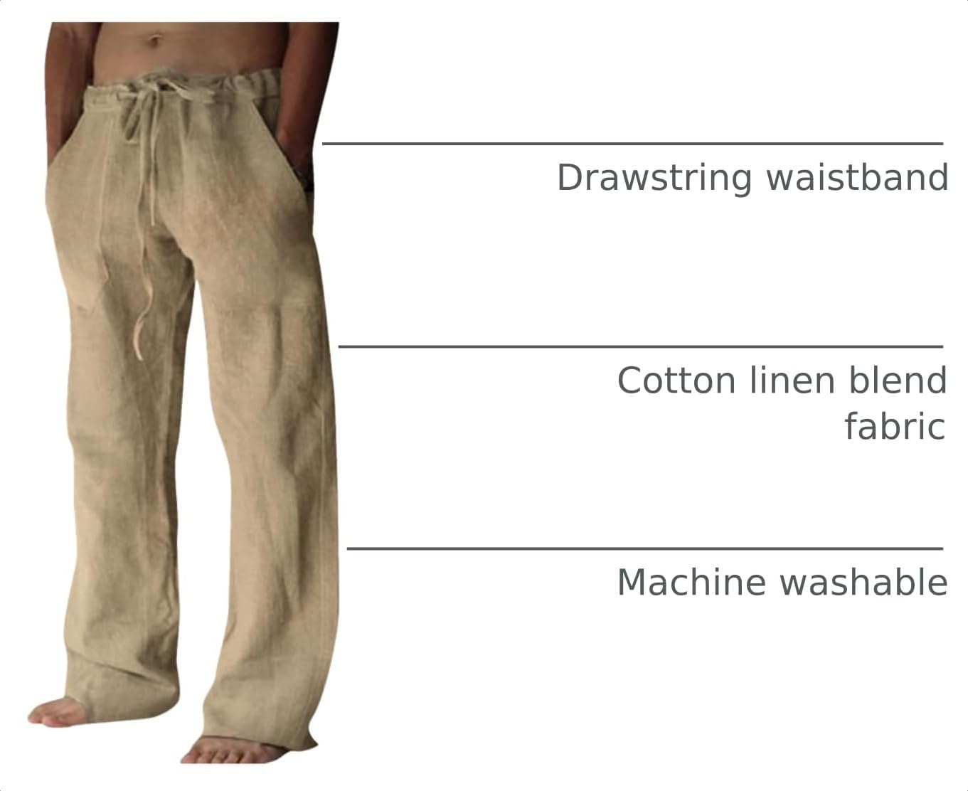 Detalle de Puimentiua Cotton Linen Pants for Men – Casual Loose Fit with Drawstring Waist