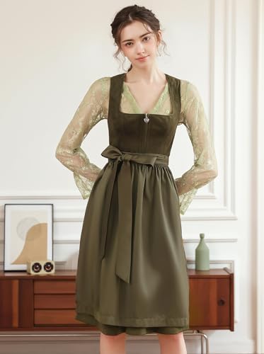Detalle 2 de EIISSION Dirndl Damen midi Lang Dirndl Grün – 3-teiliges Trachtenset mit Bluse und Schürze