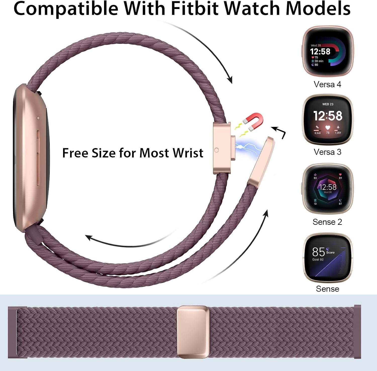 Thumbnail 1 de Higgs braided magnetic strap for Fitbit Versa 4 / Versa 3 / Sense 2 / Sense (nylon elastic replacement band)