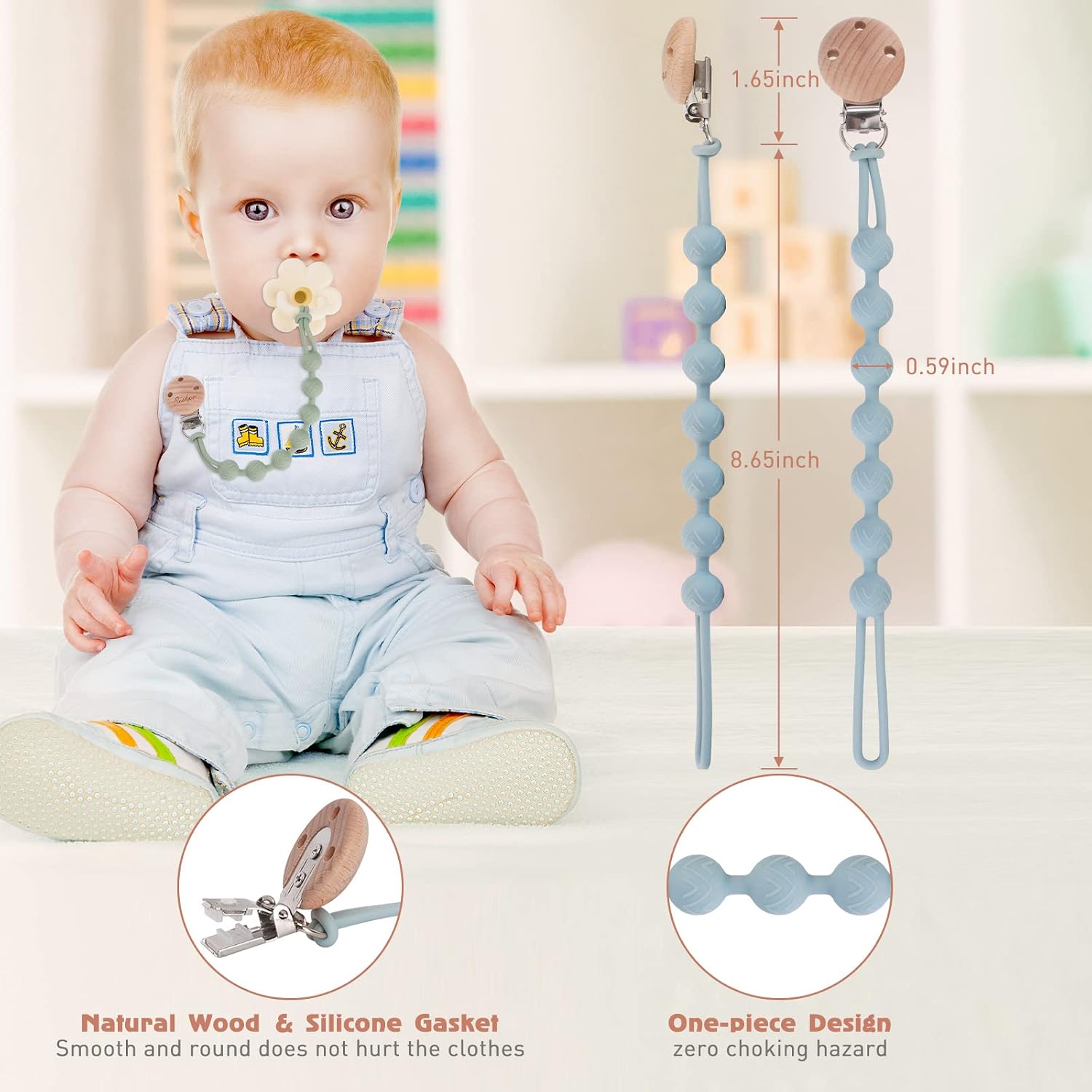 Thumbnail 5 de EYOGO Silicone Dummy Clip for Baby – One-Piece Pacifier Clip (2 Pack: Sage + Ether)