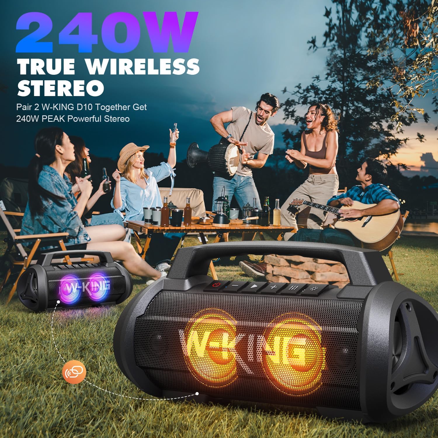 Detalle de W-KING Bluetooth-Lautsprecher D10 (120 W Peak) mit Bass Boost, DSP/EQ, IPX6, 42 Std. Akku, Party-Box-Licht