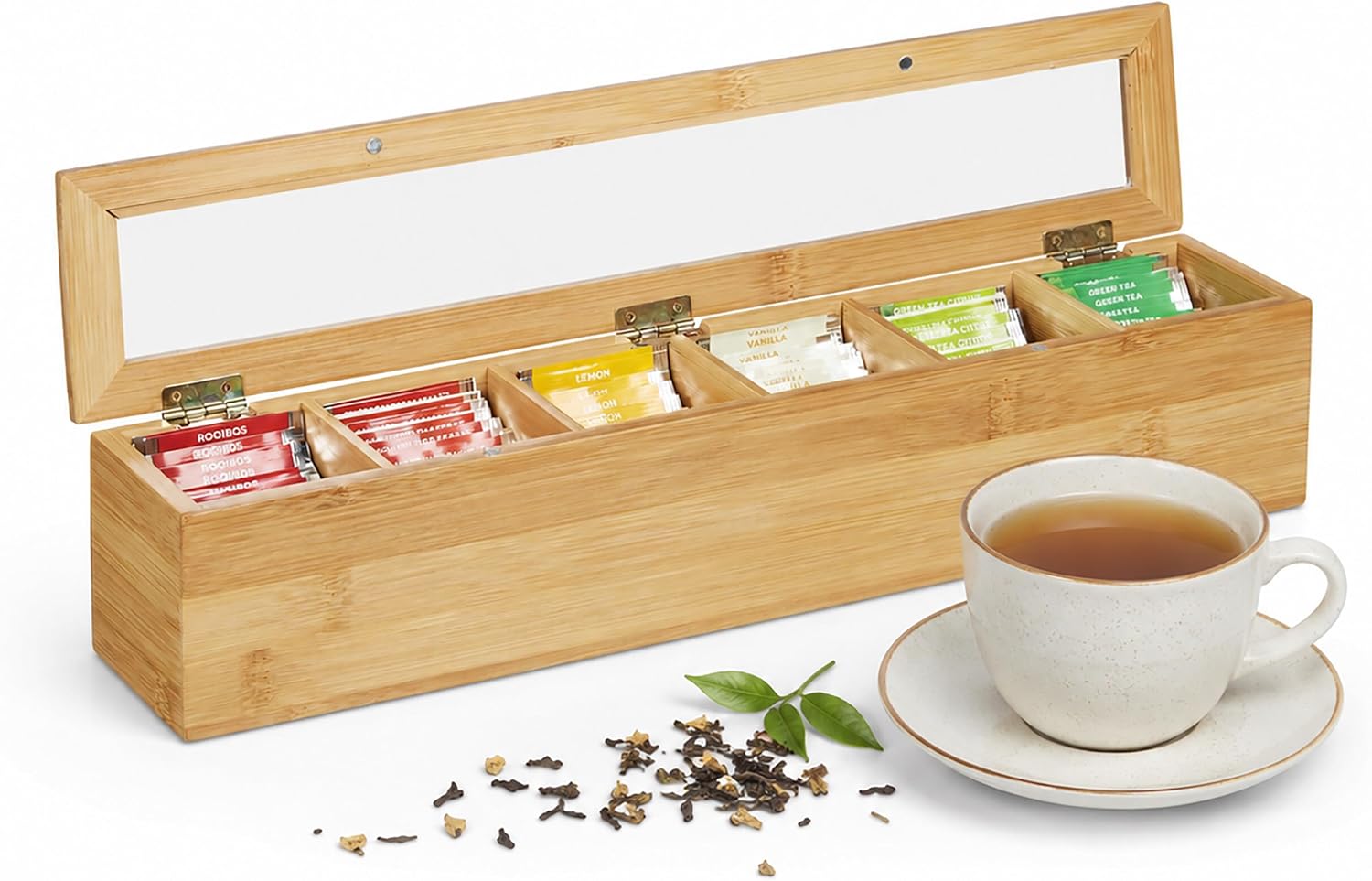 Detalle de Relaxdays Tea Box, 6 Compartments, Bamboo and Plastic, Natural