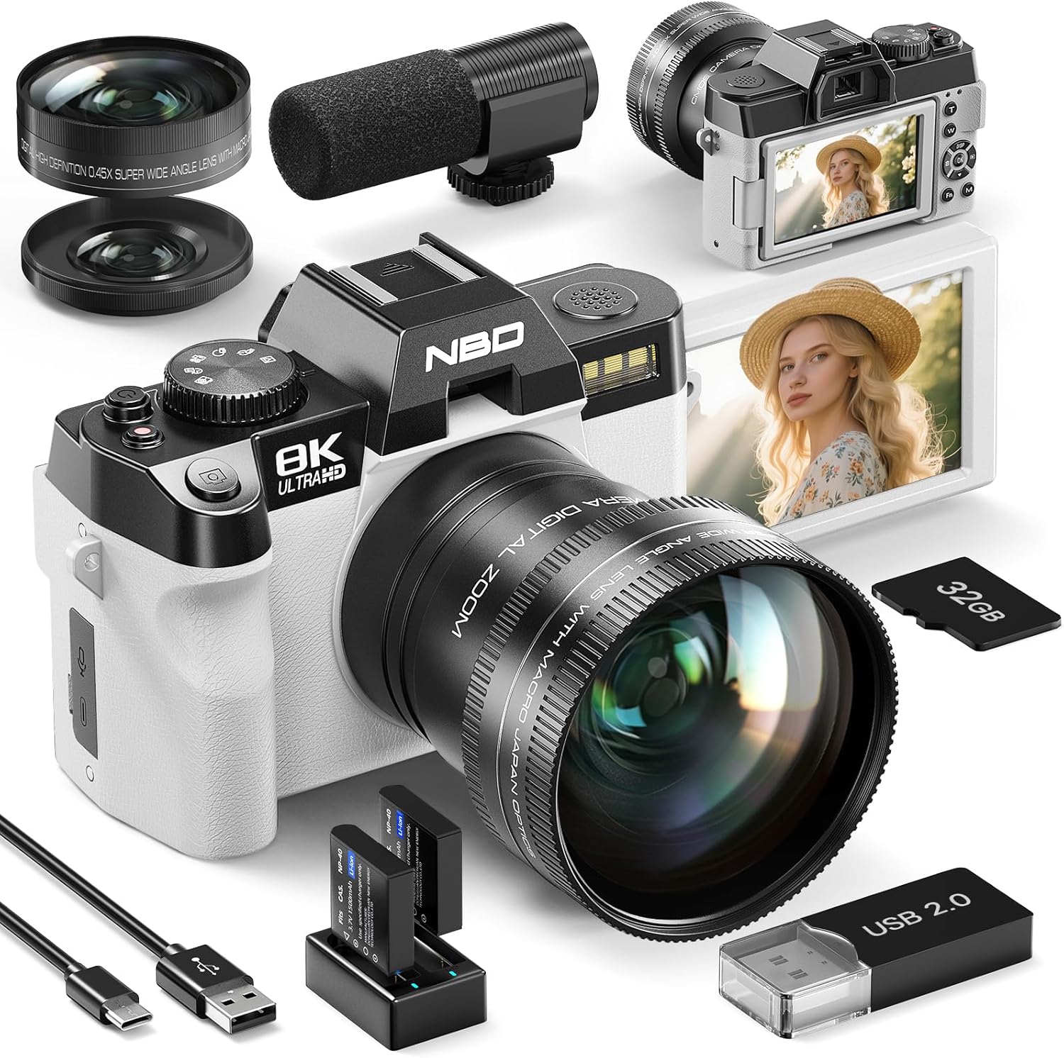 Detalle de NBD Appareil Photo Numérique 8K 64MP avec Autofocus et Zoom 16x – Grand Angle et Écran 180°