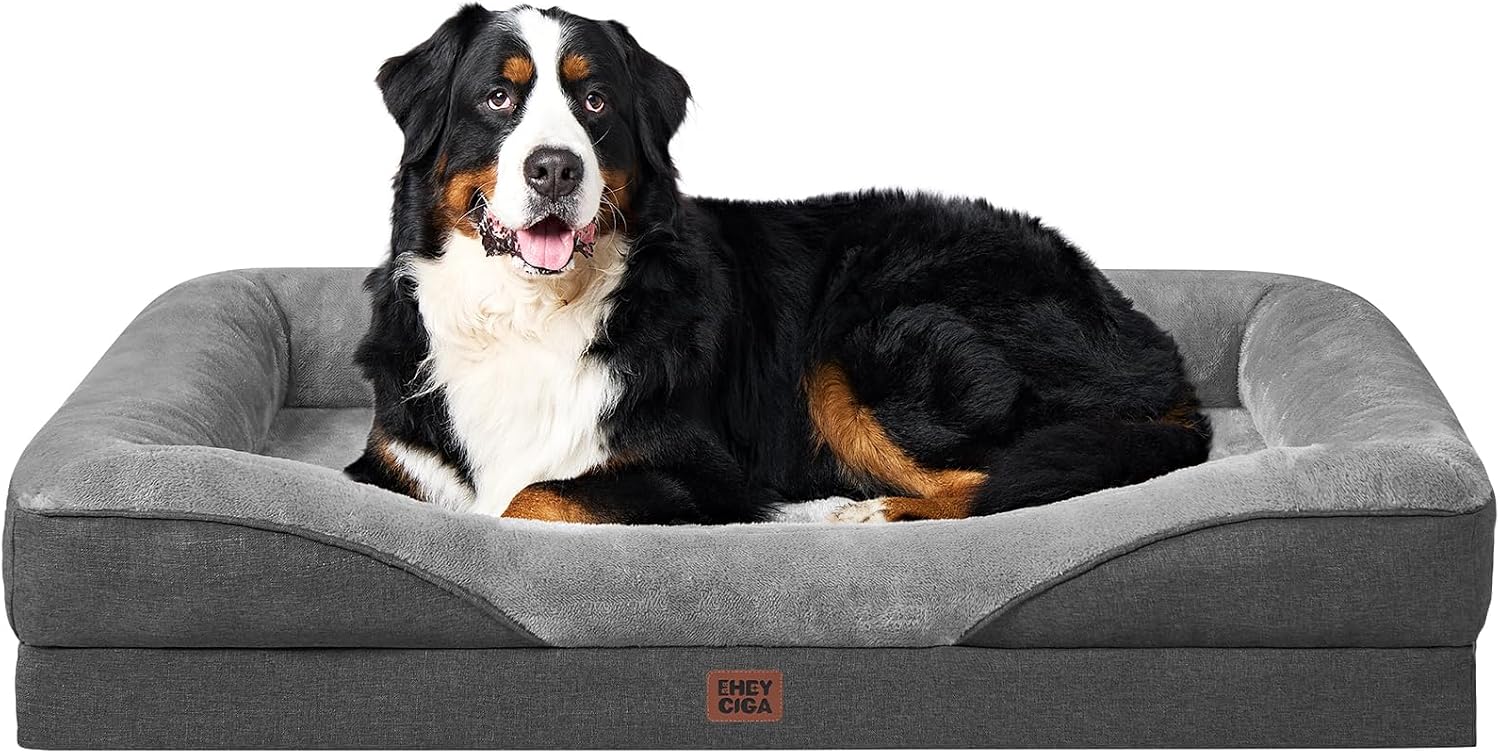 Detalle de EHEYCIGA Orthopädisches Hundebett (122 x 89 x 18,5 cm) mit Memory-Schaum, wasserdichtem Schutz & waschbarem Bezug in Grau