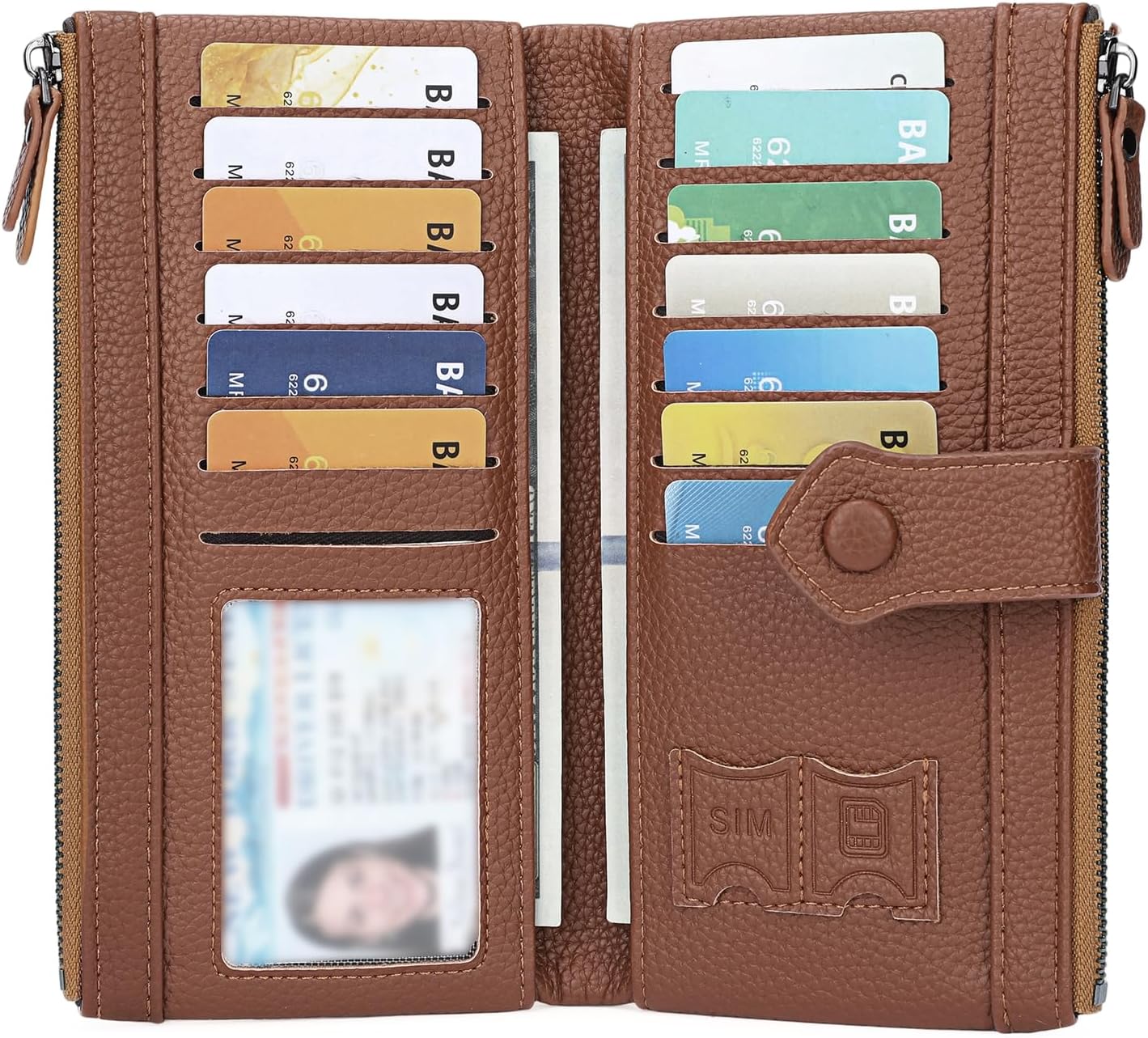 Detalle de GOIACII Womens RFID Blocking Wallet: Large Bifold with 13 Cards, Double Zip, White/Brown