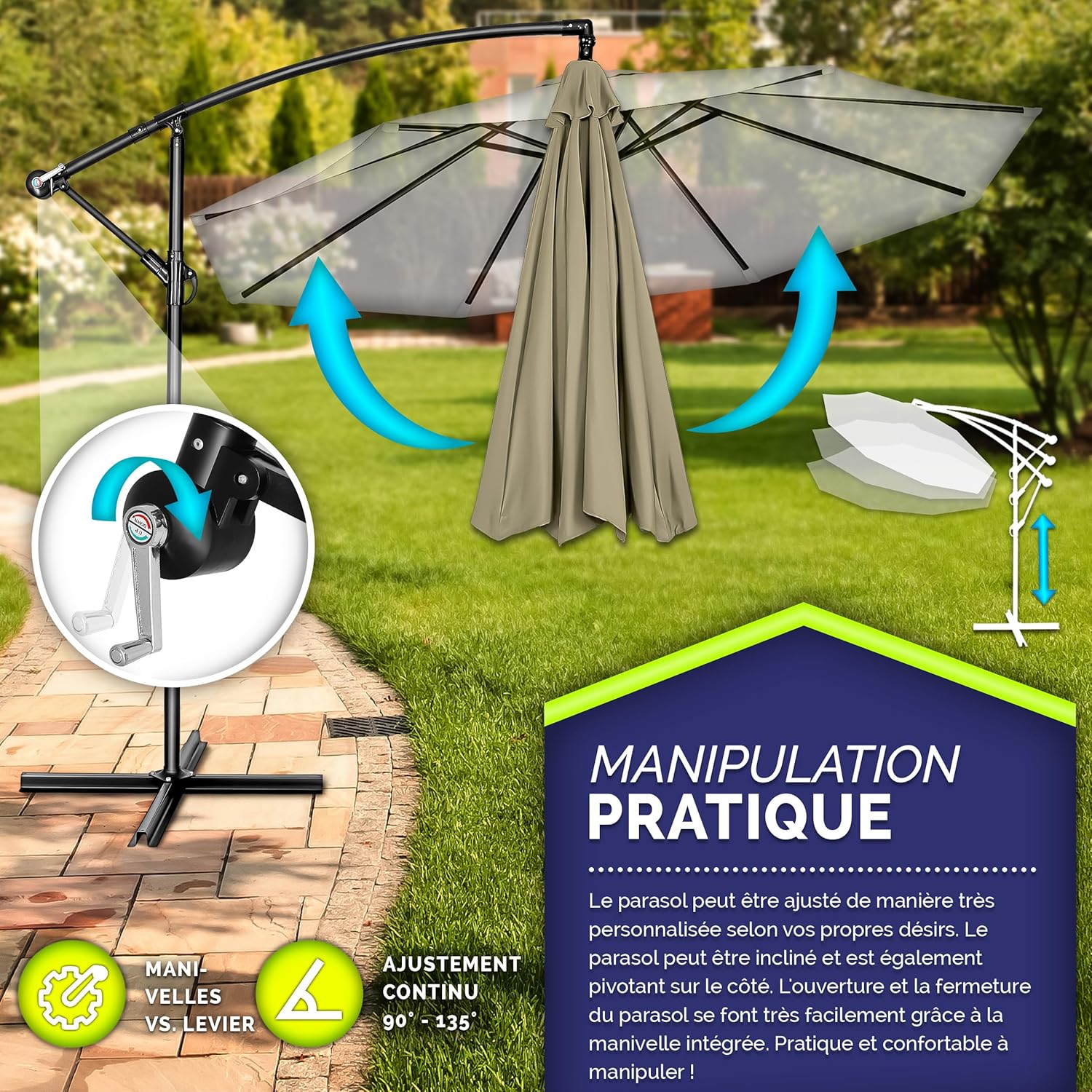 Thumbnail 2 de Tillvex Parasol déporté hexagonal 3M avec manivelle - Aluminium, pied robuste et housse imperméable