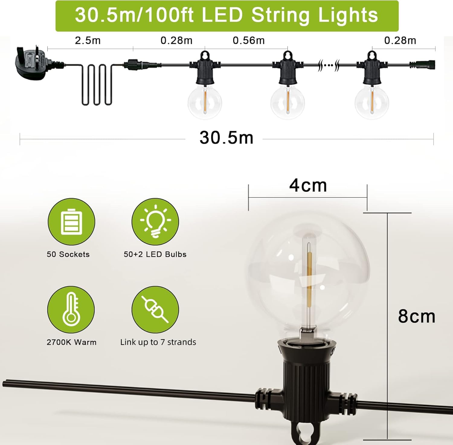 Detalle de Kawaya LED Outdoor String Light 30M | IP65, Shatterproof 50+2 Bulbs, Warm White Festoon
