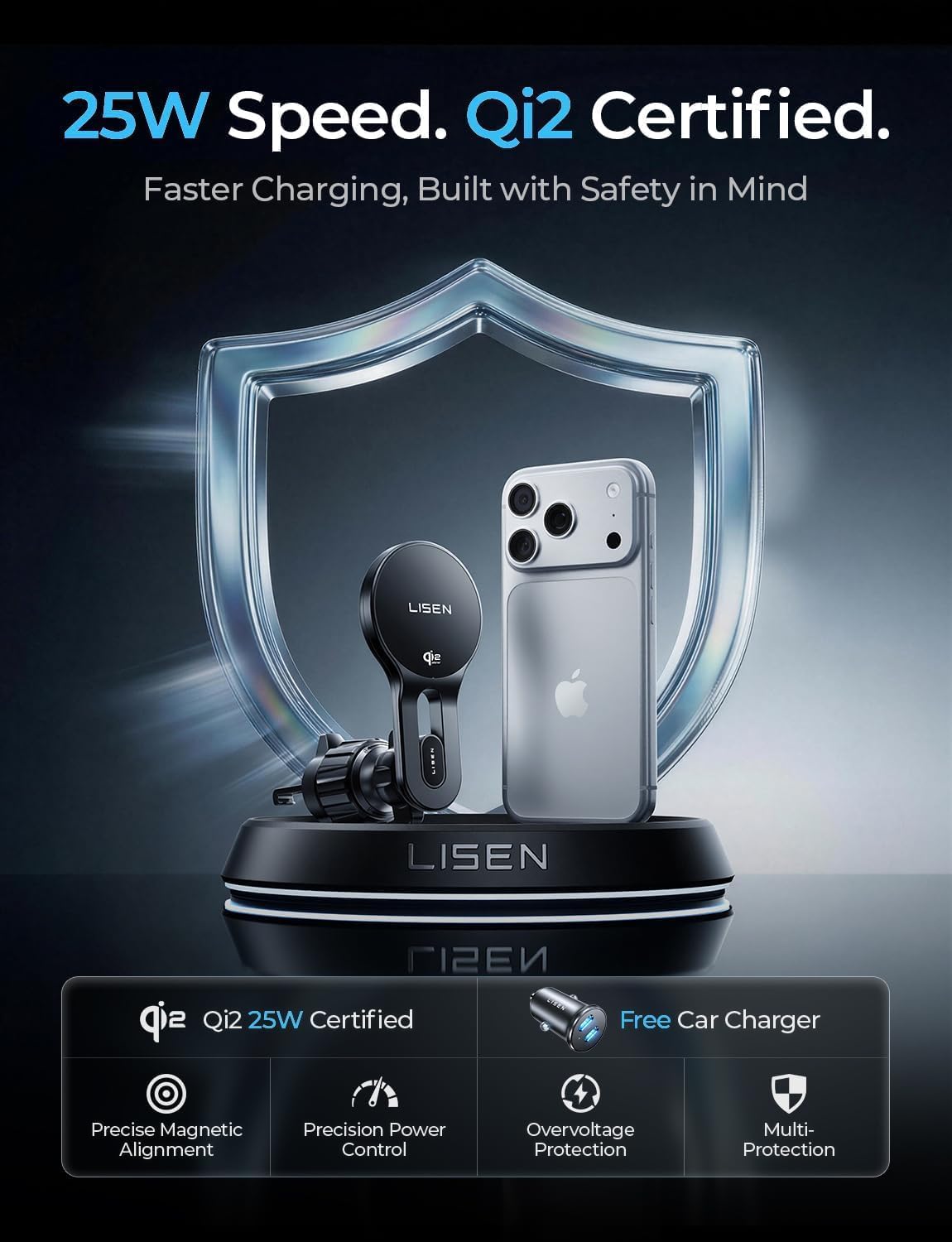 Thumbnail 1 de LISEN 15W MagSafe Car Mount Charger for iPhone 17 Pro Max