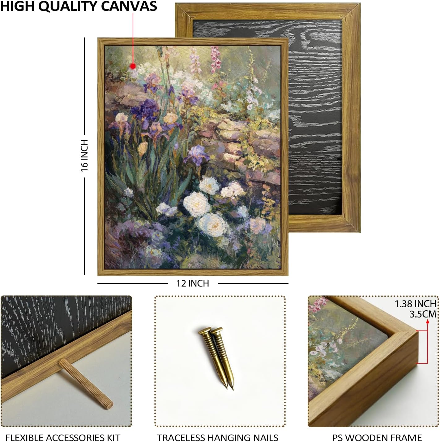 Thumbnail 2 de Framed Abstract Floral Wall Art – Rustic Vintage Farmhouse Botanical Landscape, 12x16