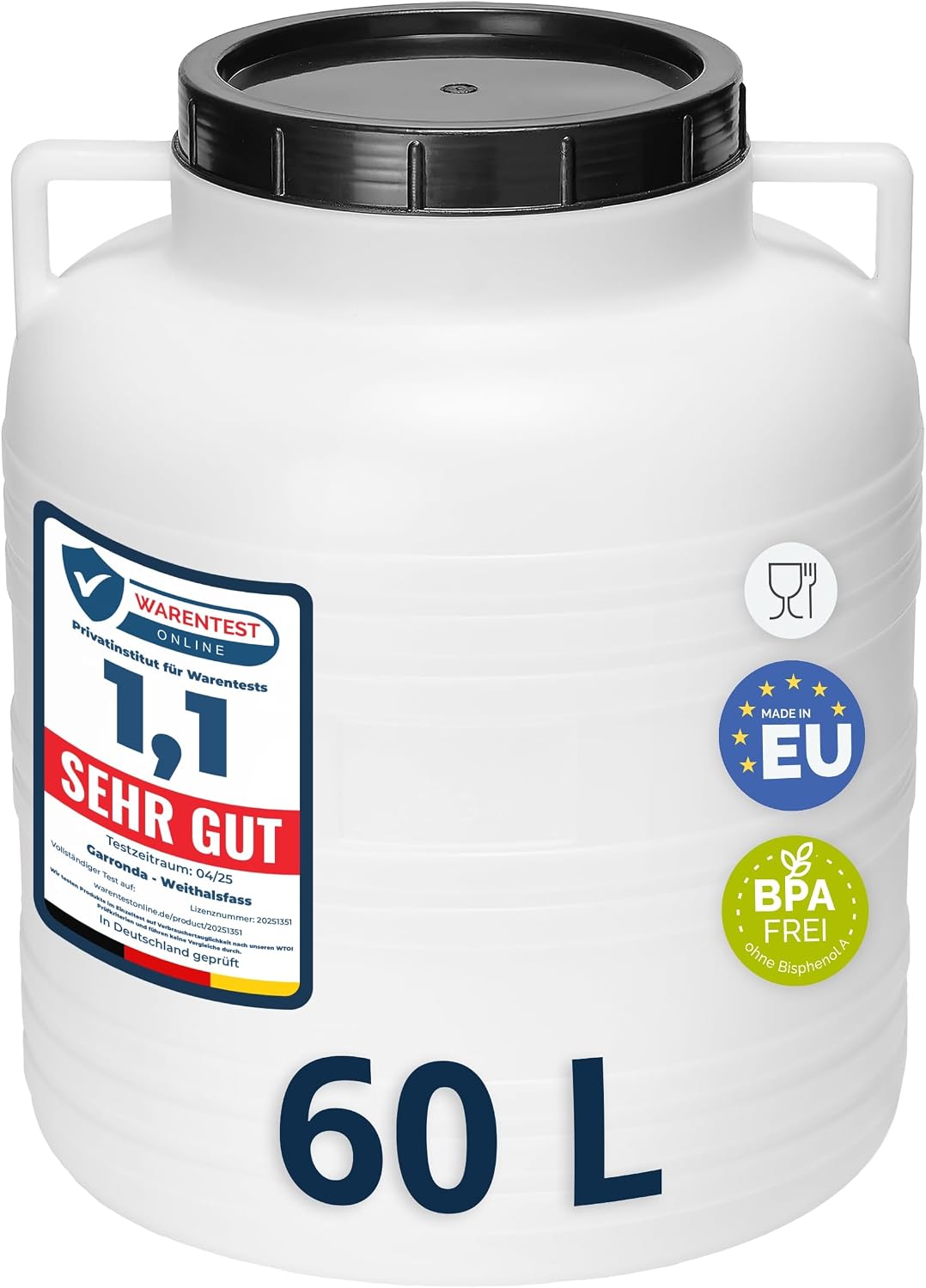 Detalle de Garronda 60-Liter BPA-freies Weithalsfass (HDPE) mit Deckel – Surfass Pökelfass & Regenwassertank