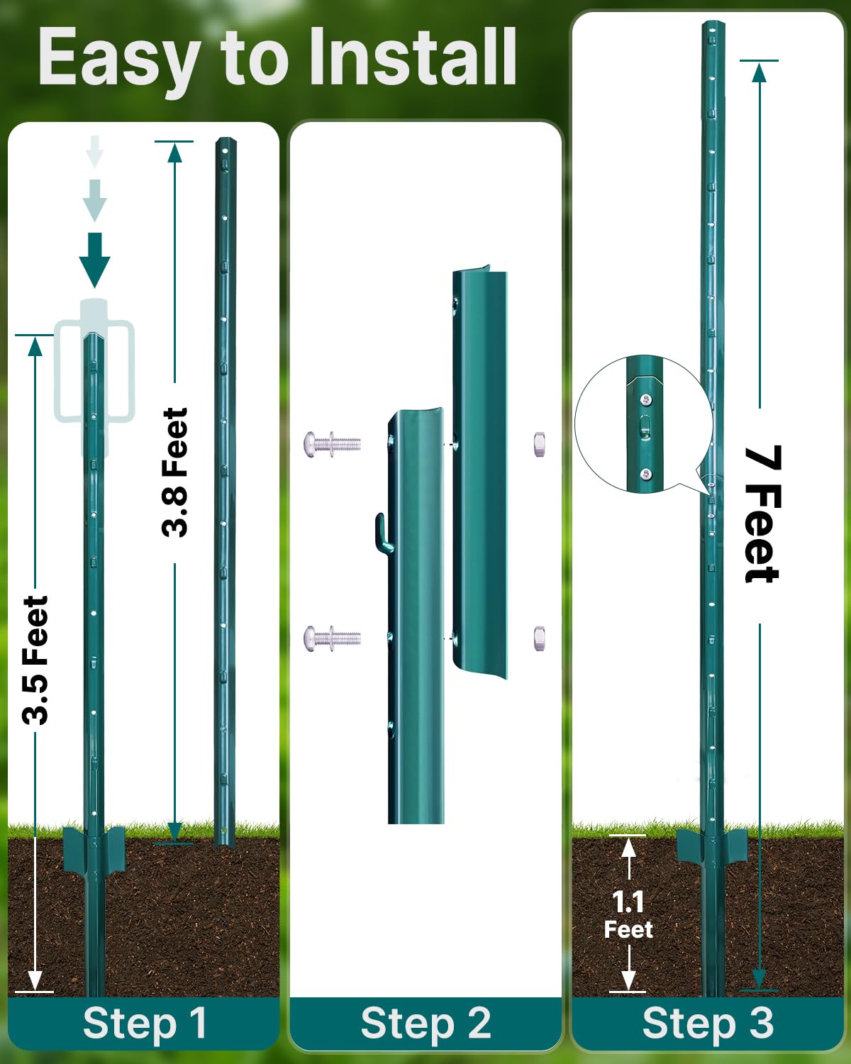 Thumbnail 2 de ARIFARO Metal Fence Posts 215cm / 7ft (Pack of 10) – Assemblable U Posts for Outdoor Wire Fencing