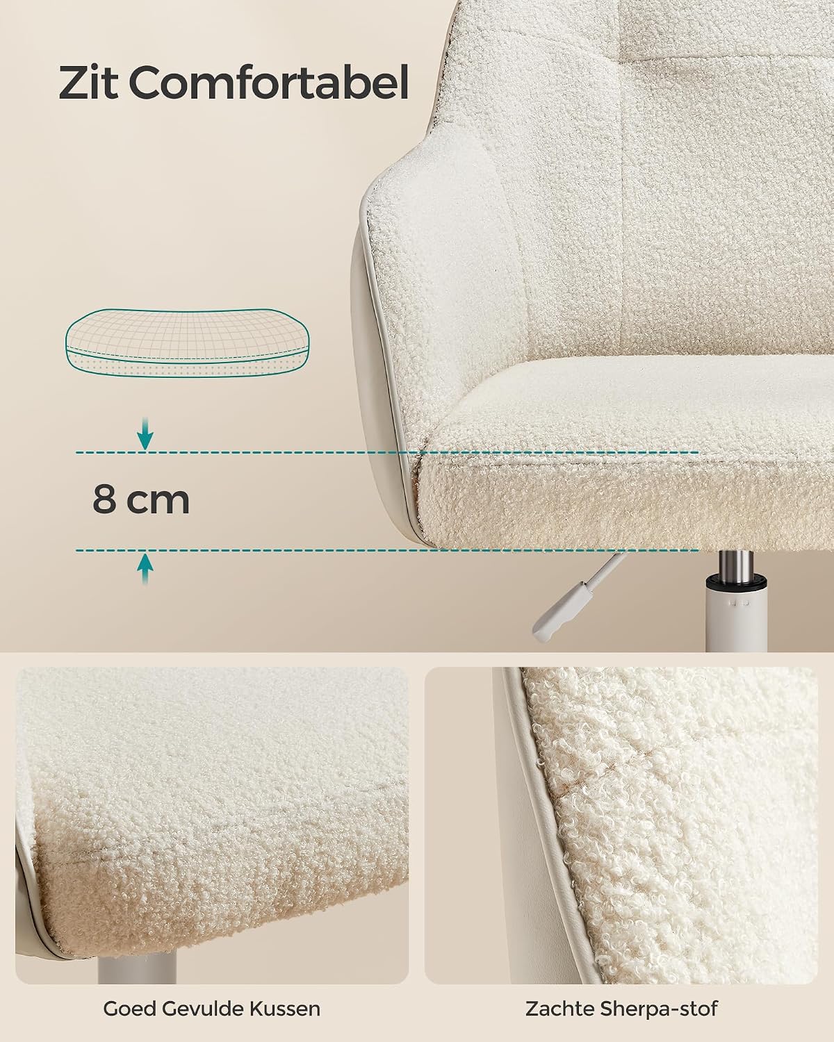 Detalle 1 de SONGMICS TYRA OBG019W01 bureaustoel met teddyfleece, PU en verstelbare zithoogte