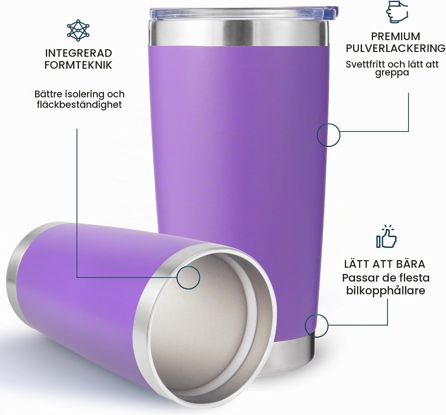 Detalle 2 de Volhoply isolerade muggar i rostfritt stål, lila 4-pack med lock och sugrör