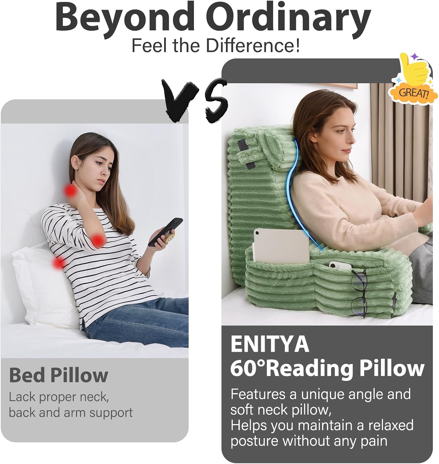 Detalle 2 de ENITYA TR-BS 22" XL Reading Pillow, Dual-Layer Foam, Sage Green