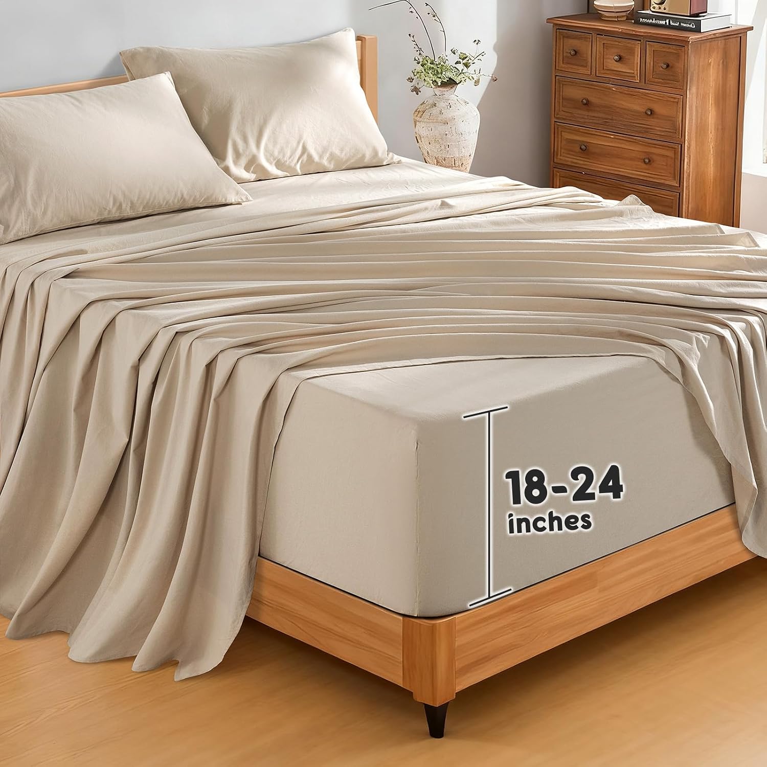 Detalle de SONORO KATE 100% French Pure Linen Sheets – Queen, 24" Deep Pocket, Natural Linen