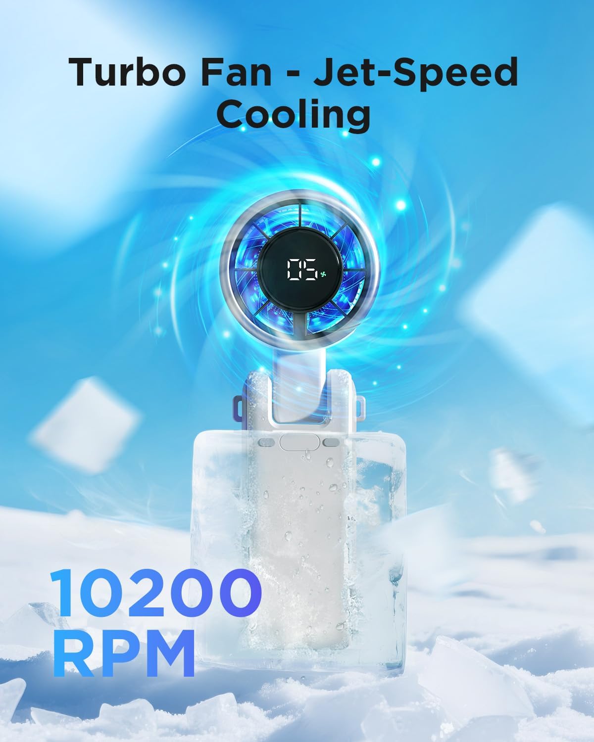 Detalle de EasyAcc Portable Handheld Turbo Fan: 5 Speeds, 4000mAh USB-C Rechargeable Mini Fan for Travel and Outdoor Use