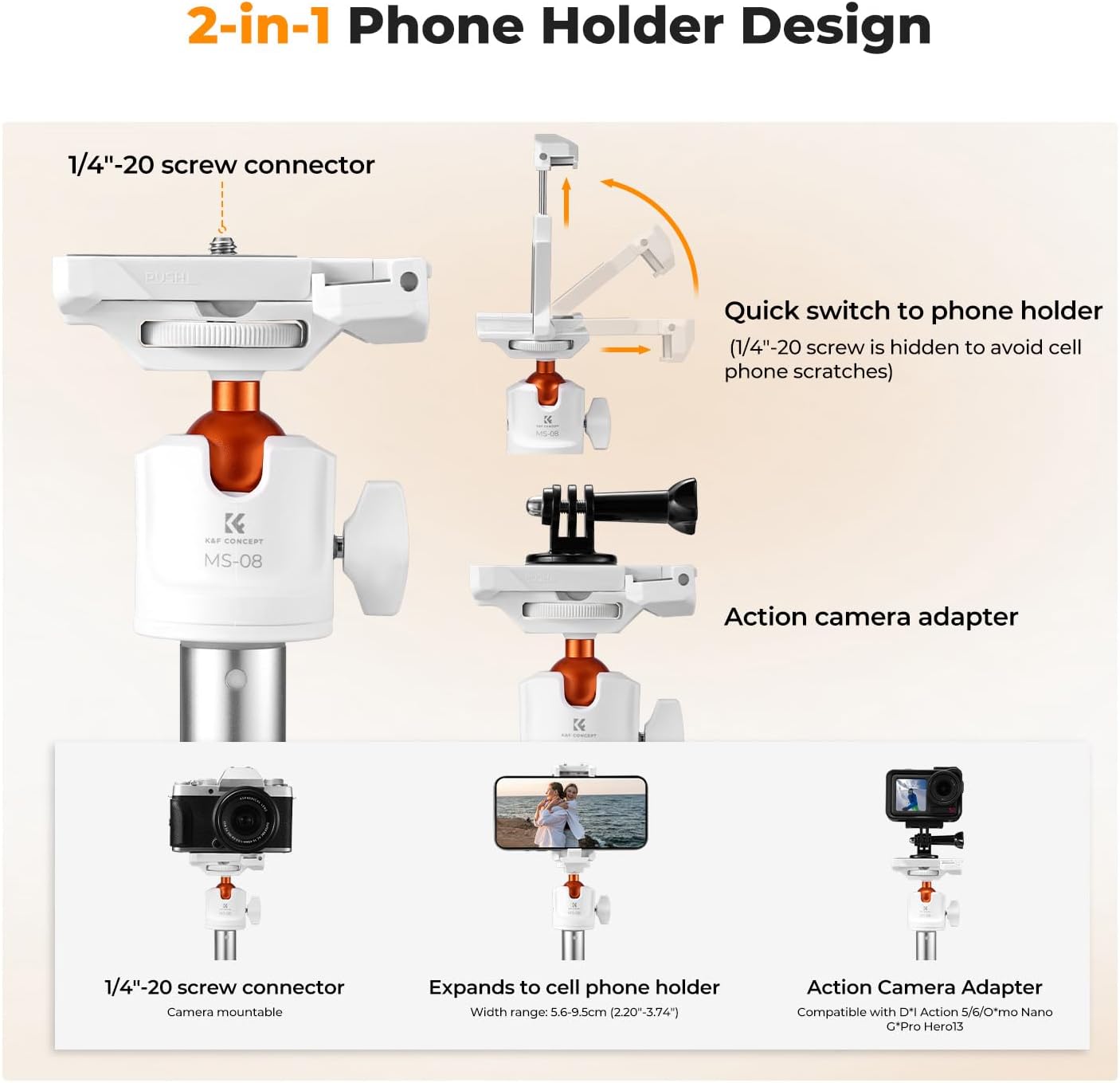 Detalle de K&F CONCEPT KF09.127S1 Selfie Stick Tripod with 360° Ball Head