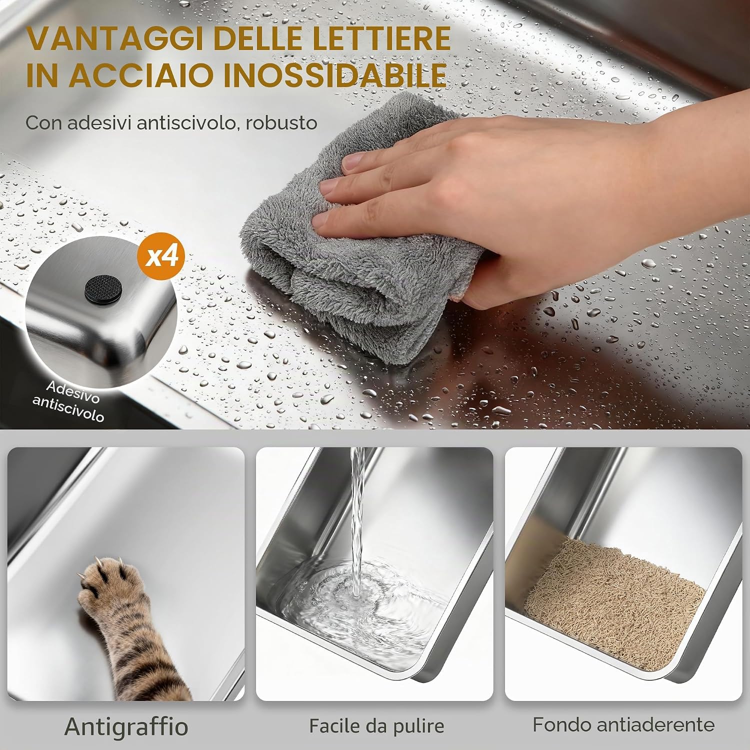 Detalle de Lettiera in acciaio inox Fobyfurny con cassetto e coperchio – XXL 65L x 44I x 40H cm