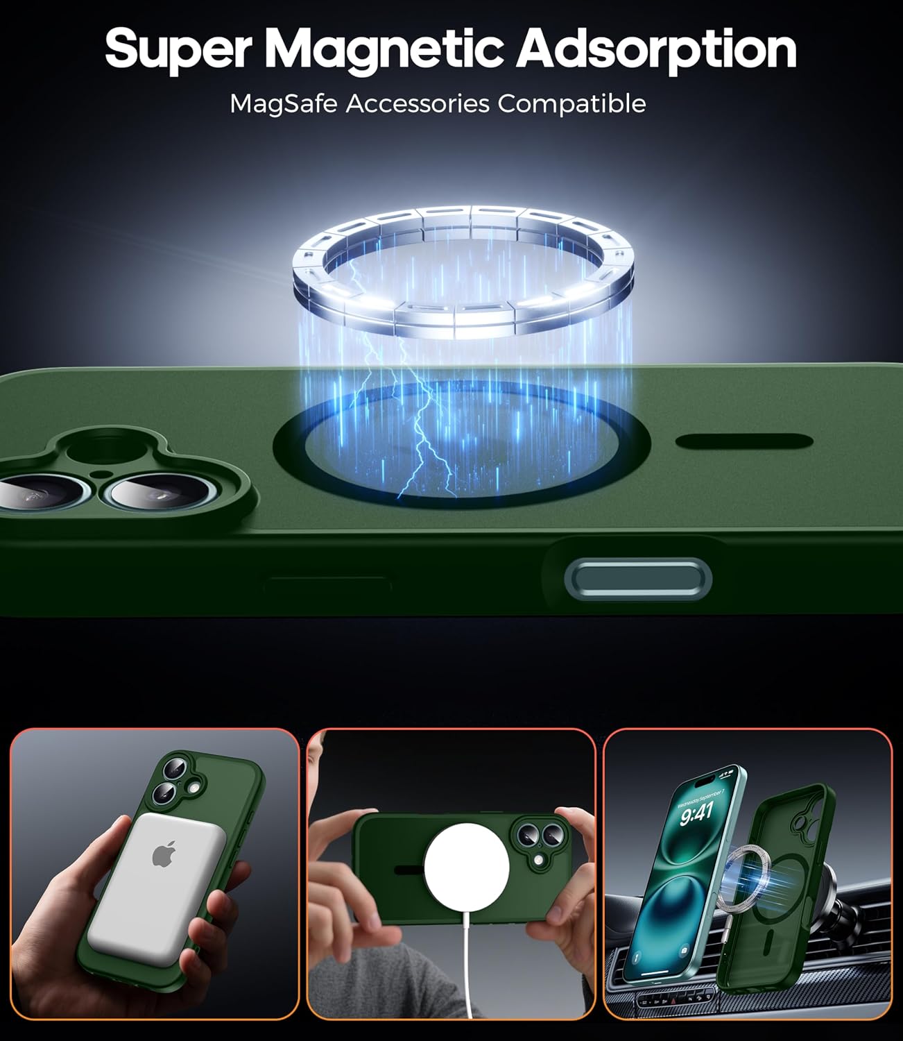 Detalle 2 de FLLAO for iPhone 16 Case with Mag-safe and 2x Glass Screen Protector – Slim Green Bumper