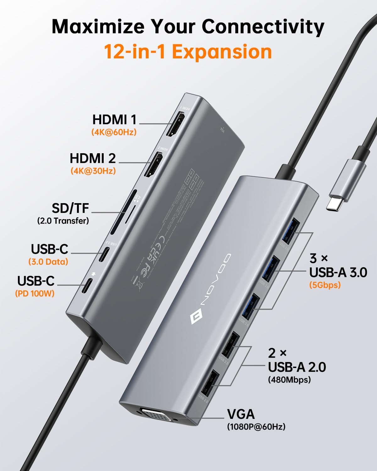 Thumbnail 1 de NOVOO USB-C Docking Station (12-in-1) for Dual Monitors with 2× HDMI, VGA & 100W PD charging