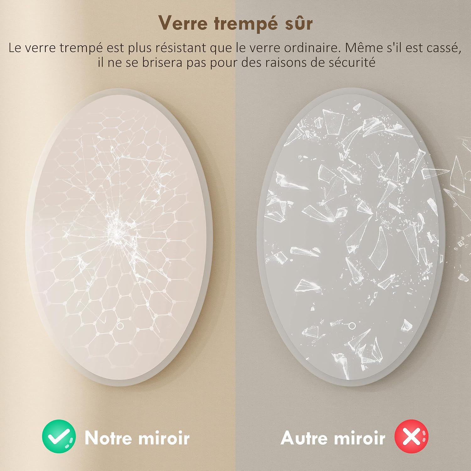 Detalle de HOMCOM miroir de salle de bain LED ovale 80x50 cm avec anti-buée, 3 températures, dimmable et mémoire