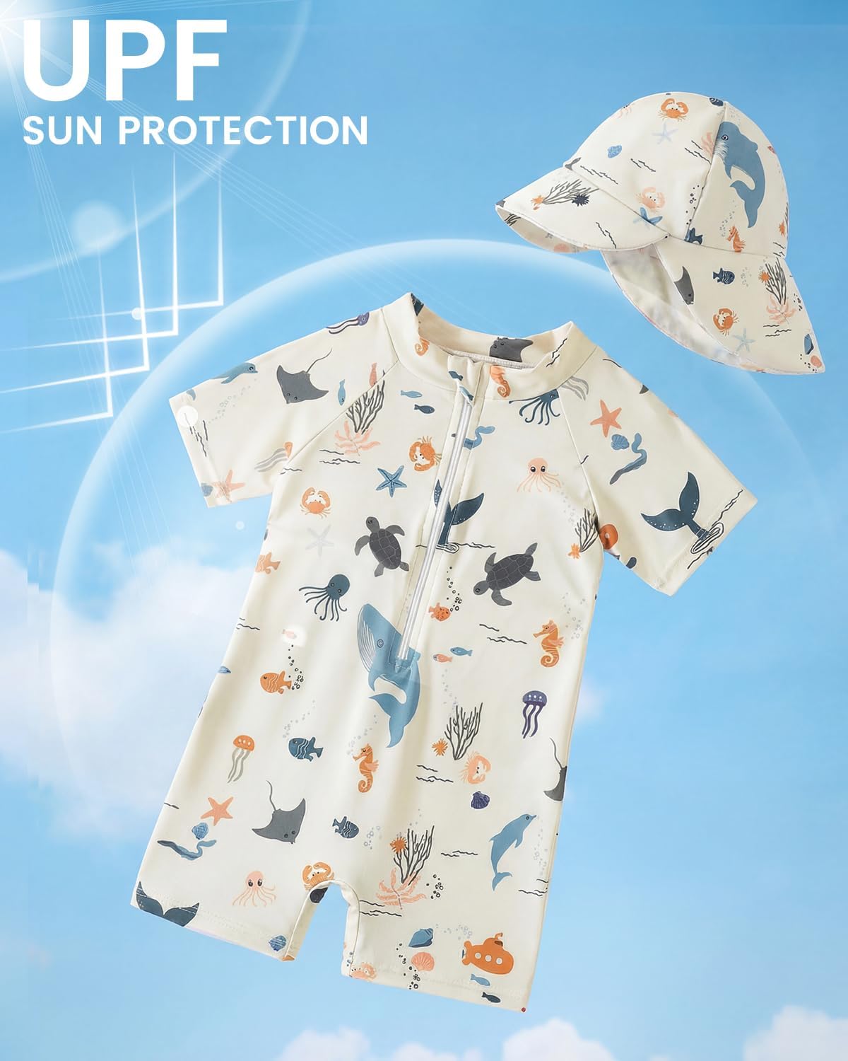 Thumbnail 3 de WYTbaby UV-Badeanzug für Babys (Einteiler) mit Sonnenhut – Kurzarm, mit Reißverschluss am Hals