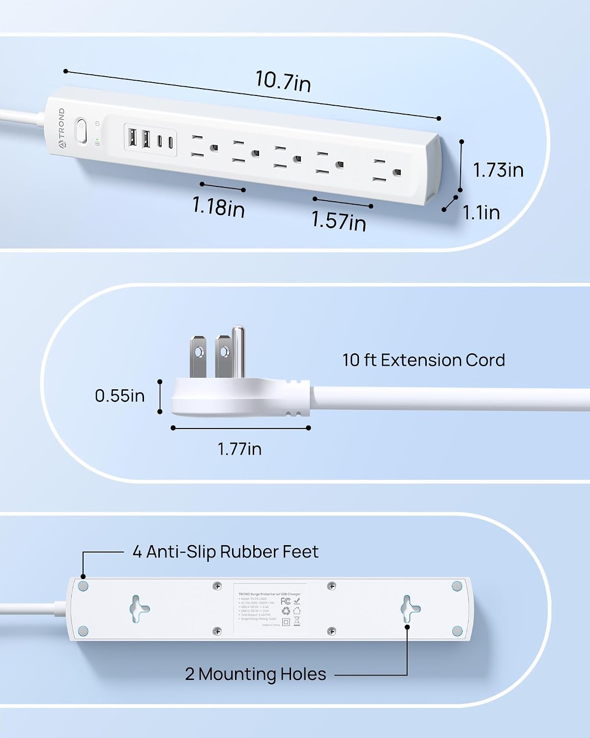 Thumbnail 6 de TROND TD-PS-US03 Power Bar with 5 AC Outlets, 4 USB Ports and 10 ft Cord