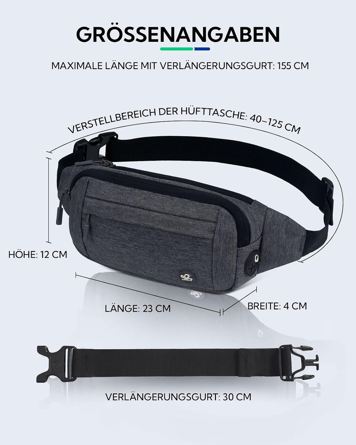 Thumbnail 1 de WATERFLY Bauchtasche / Hüfttasche für Damen & Herren – kleine Gürteltasche Sport, dunkelgrau, mit Verlängerungsgurt