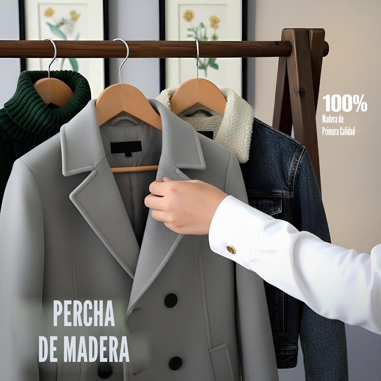 Thumbnail 6 de Utopia Home: Paquete de 20 perchas de madera con barra y ranuras para hombros, acabado natural