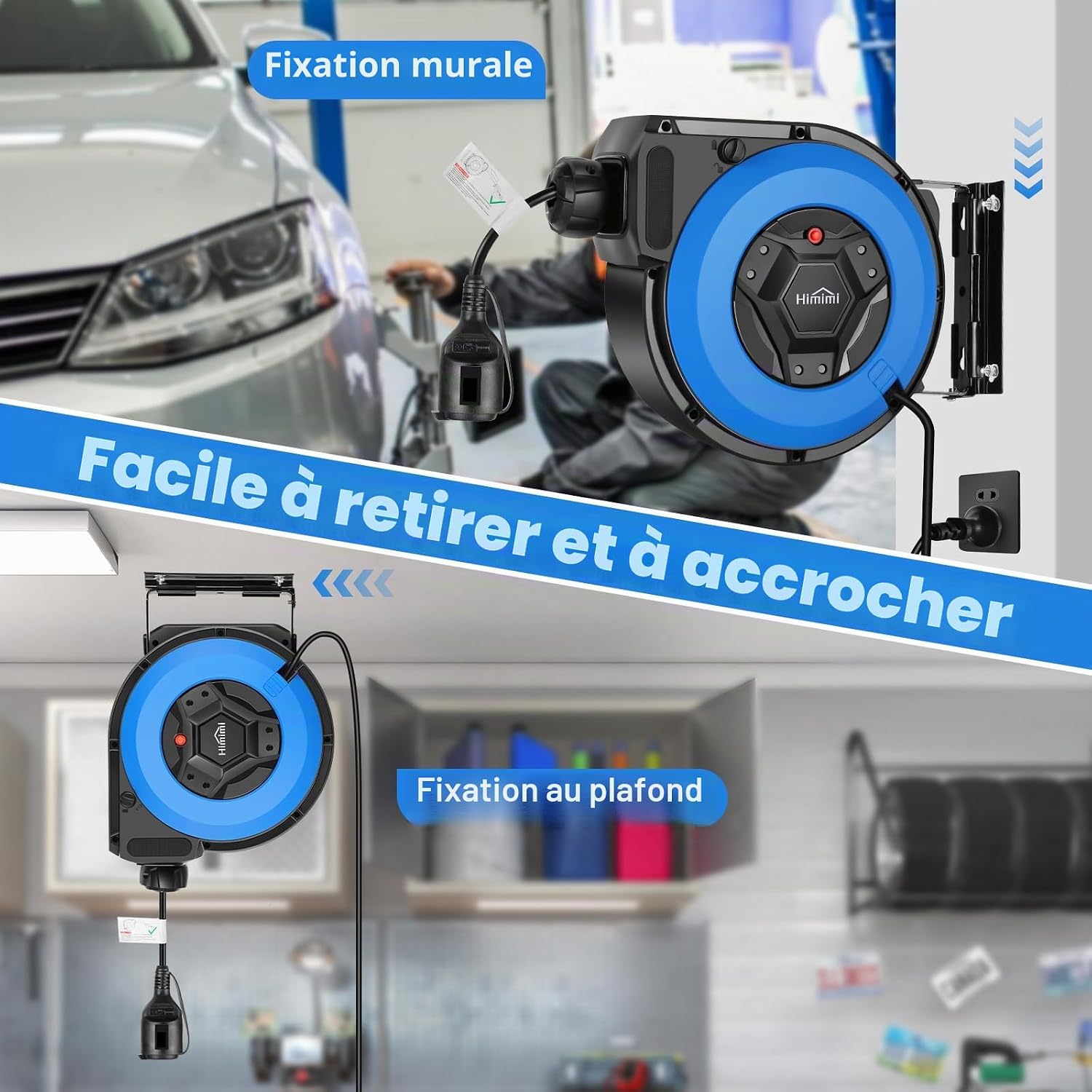 Detalle de Himimi Enrouleur Électrique Automatique avec Support – 15 m + 2 m, 1500–3000 W, IP44, montage mural ou suspension